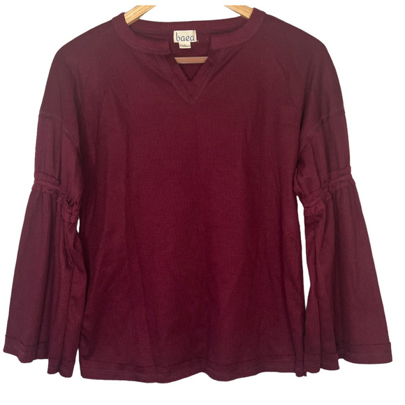 baea Tops - baea Women's Large Split Neck Bell Sleeve Waffle Knit Top Red - Sz L